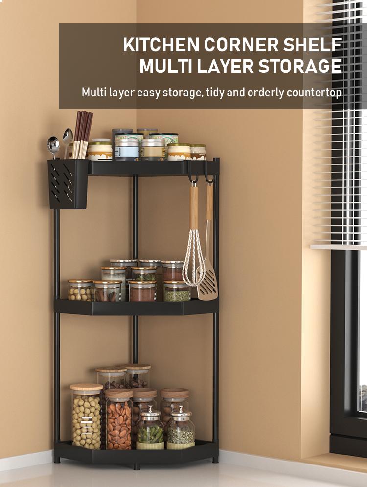Kitchen Storage Rack, Space-Saving Corner Shelf, 2/3 Layer Standing Organizer, Ideal for Kitchen Utensils & Spices, Durable Design, Home Organizer Hook