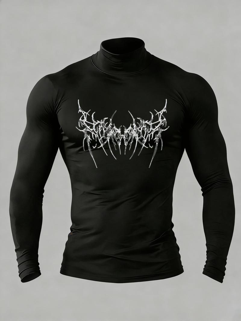 Y2K Cyber Goth Compression Shirt Men | High Neck Quick-Dry Long Sleeve | Gym Workout & Streetwear | Moisture-Wicking Performance Top with Metal Band-Inspired Graphic | Edgy Aesthetic Fitness Wear Compression Workout Shirts