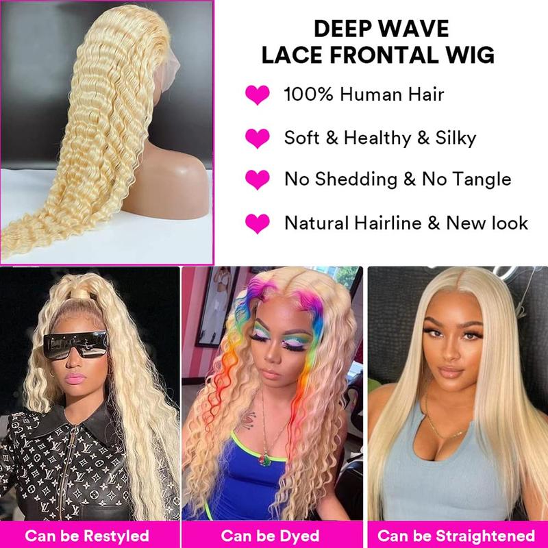 613 Lace Front Wig Human Hair 13X6 Transparent Lace 180% Density Blonde Deep Wave Free Part Wig for Women Gift For GF