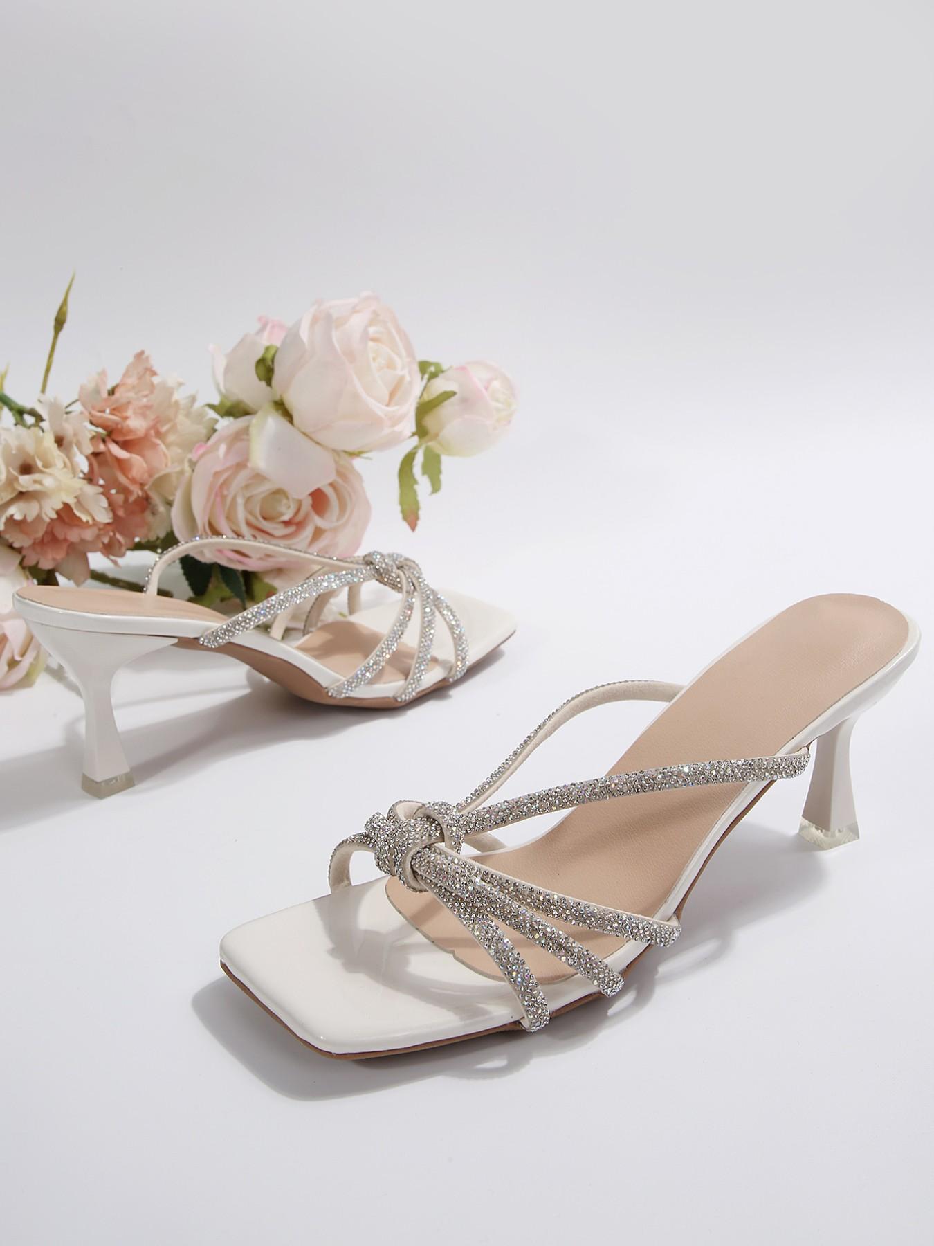 French Style Rhinestone Decor Women's Dressy Embellished Sparkly Sandals, Elegant Square Toe Party Shoes, PU Upper PVC Sole, Medium Width, Perfect for Dates and Events