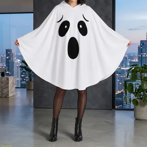 Adult White Hooded Ghost Cape - Soft Polyester Loose-Fit Sleeved Halloween Poncho Costume, Spooky Party Accessory (Sports & Outdoor Clothing)