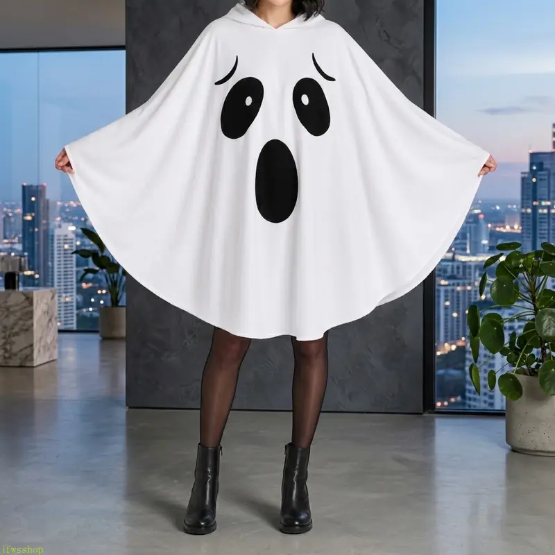Adult White Hooded Ghost Cape - Soft Polyester Loose-Fit Sleeved Halloween Poncho Costume, Spooky Party Accessory (Sports & Outdoor Clothing)