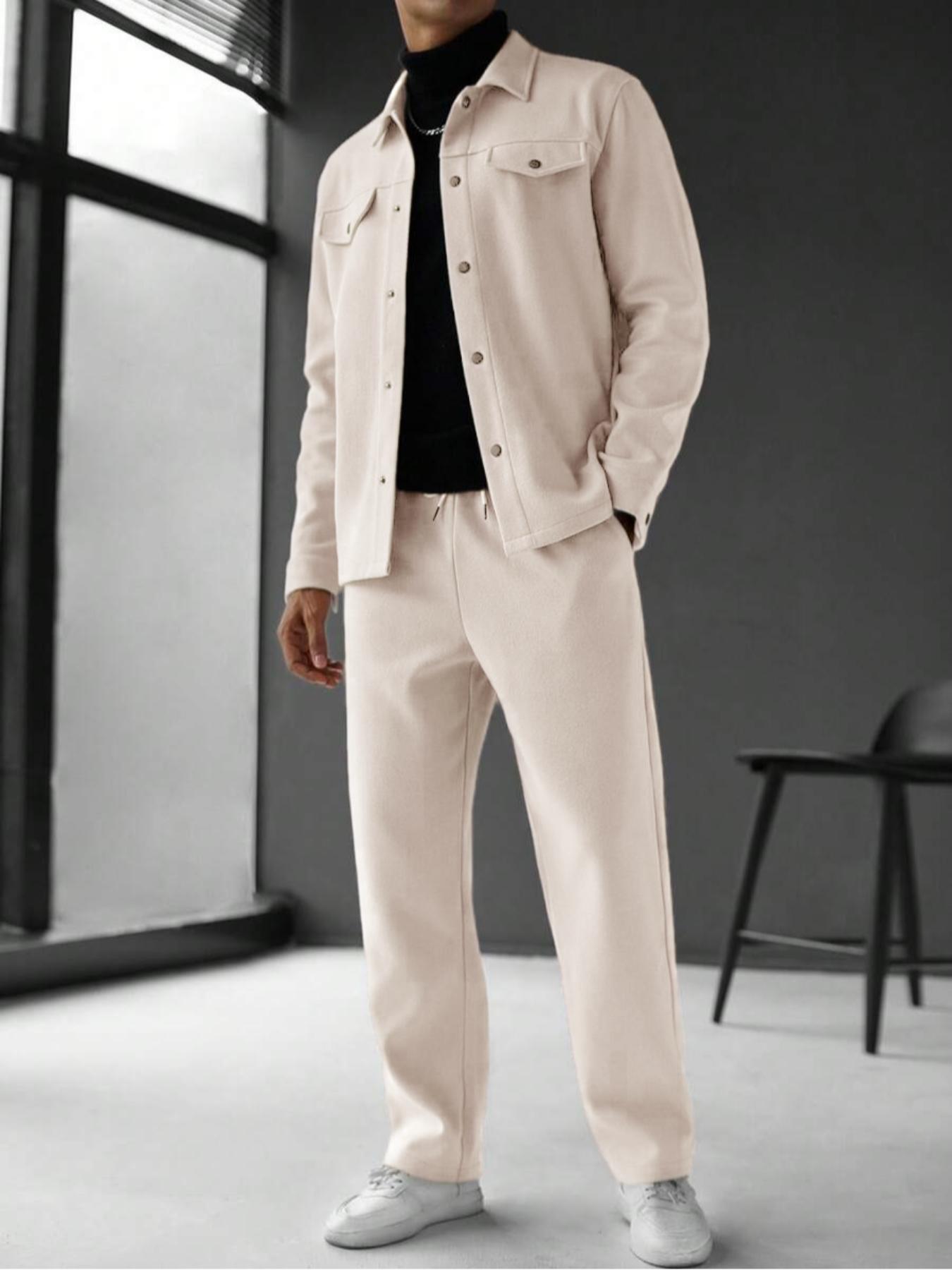 Men's Solid Color Pocket Jacket and Belt Waist Pants Sport Suit Regular Version Mature Business Style, Long Sleeve Jacket Collar Coat and Pocket Long Pants, Men's and Winter Sportswear, Sport Leisure Suit Casual Sportswear, Casual Suit Set
