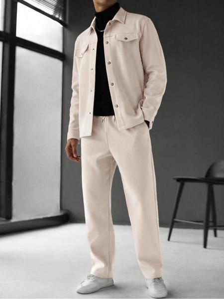 Men's Solid Color Pocket Jacket and Belt Waist Pants Sport Suit Regular Version Mature Business Style, Long Sleeve Jacket Collar Coat and Pocket Long Pants, Men's and Winter Sportswear, Sport Leisure Suit Casual Sportswear, Casual Outfit Set, Menswear