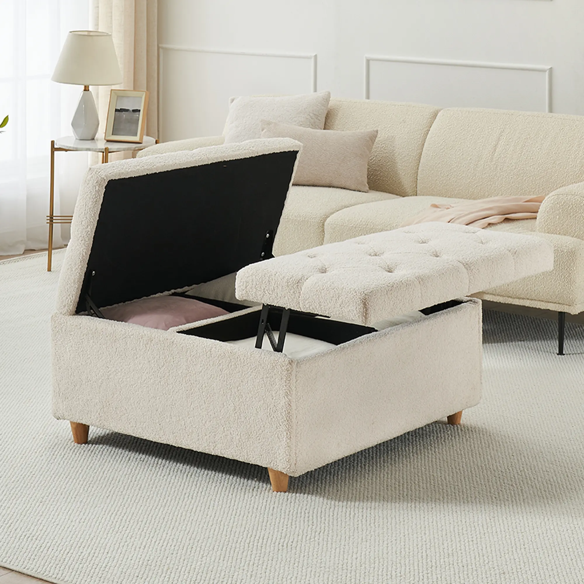 Sherpa Storage Ottoman Coffee Table with Lift Top – Tufted Upholstered Square Ottoman Bench with Hidden Storage, Multifunctional Furniture for Living Room and Bedroom
