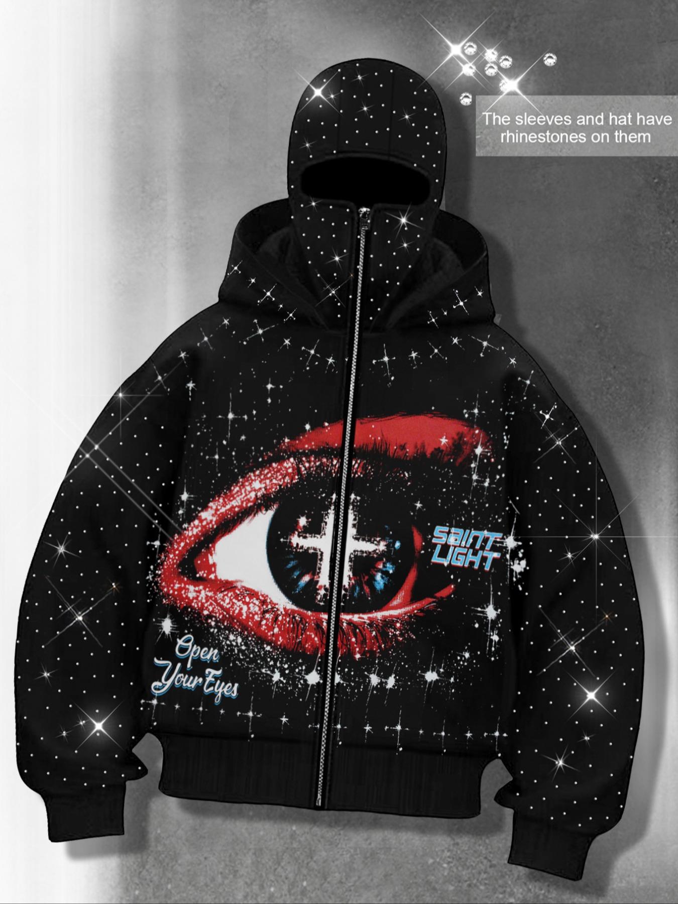 Eye print two hats zipper cardigan men's hoodie, Graphic hoodies, sleeve hat hot rhinestone, sparkling starry sky unisex hoodie European and American street jacket, autumn and winter plus velvet hoodie Instagram style