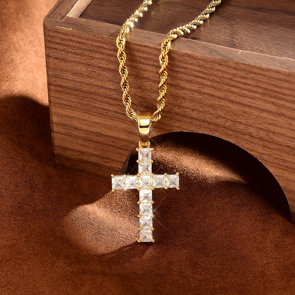 Cross necklace with copper inlay and zirconia cross pendant