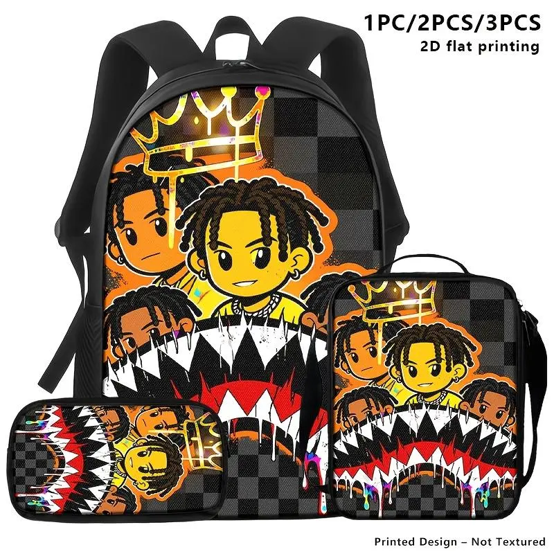 Preppy Waterproof Backpack Set (1PC-2PC-3PC) - Shoulder & Storage Bags, Black-Gray Checkerboard Base with Orange Cartoon Characters & Large Mouth Marine Pattern, 2D Flat Printing, for Daily Commuting & Youth Leisure