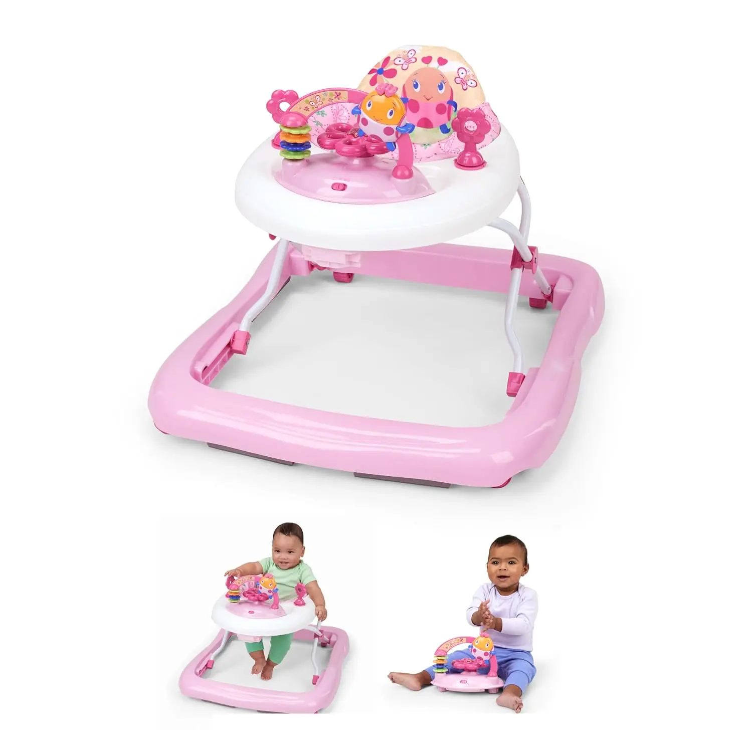 Bright Starts JuneBerry Walk-A-Bout Baby Walker and Entertainer, with Easy Fold Frame for Storage, Ages 6 Months +| Interactive Activity Tray, Adjustable Height, Pink Design for Toddlers