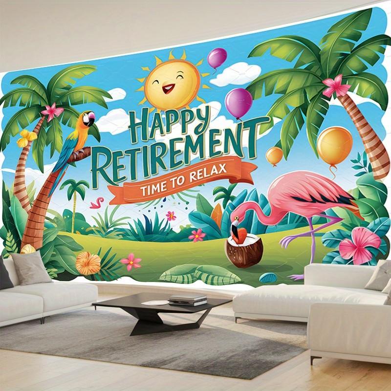 1pc Happy Retirement Party Banner - Vibrant Tropical Design with Palm Trees, Flamingos & Parrots - Durable Polyester Photo Backdrop for Indoor/Outdoor Celebrations - All-Season Home Wall Decor