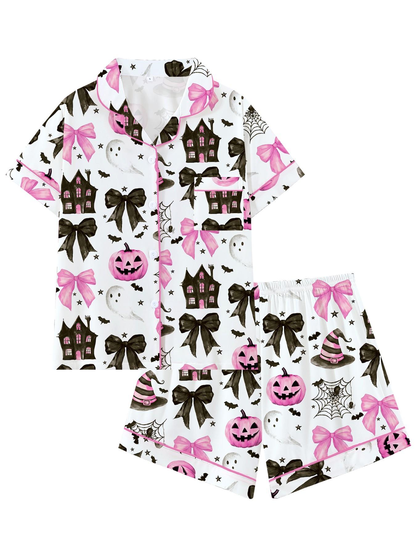 Creepy Cute Skeleton Halloween Pattern Short Sleeve Pajama Set, Spooky Stitched Face Graphic Sleepwear with Black Piping, Goth Style Summer Loungewear Set, Fun 2-Piece PJs