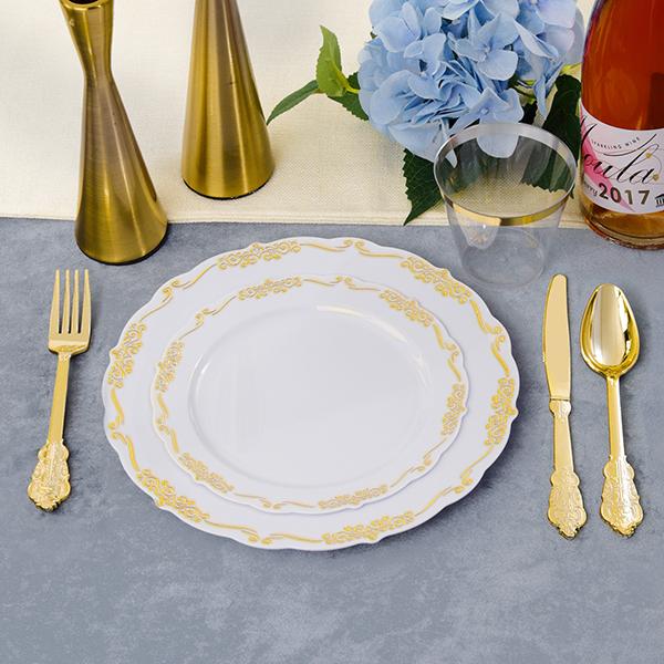 White Gold/Clear Gold/White Silver/Black Gold Plates ware Set: Dinner Plates,Dessert Plates, Cups,Napkins,Knife, forks, spoons-Perfect for Party