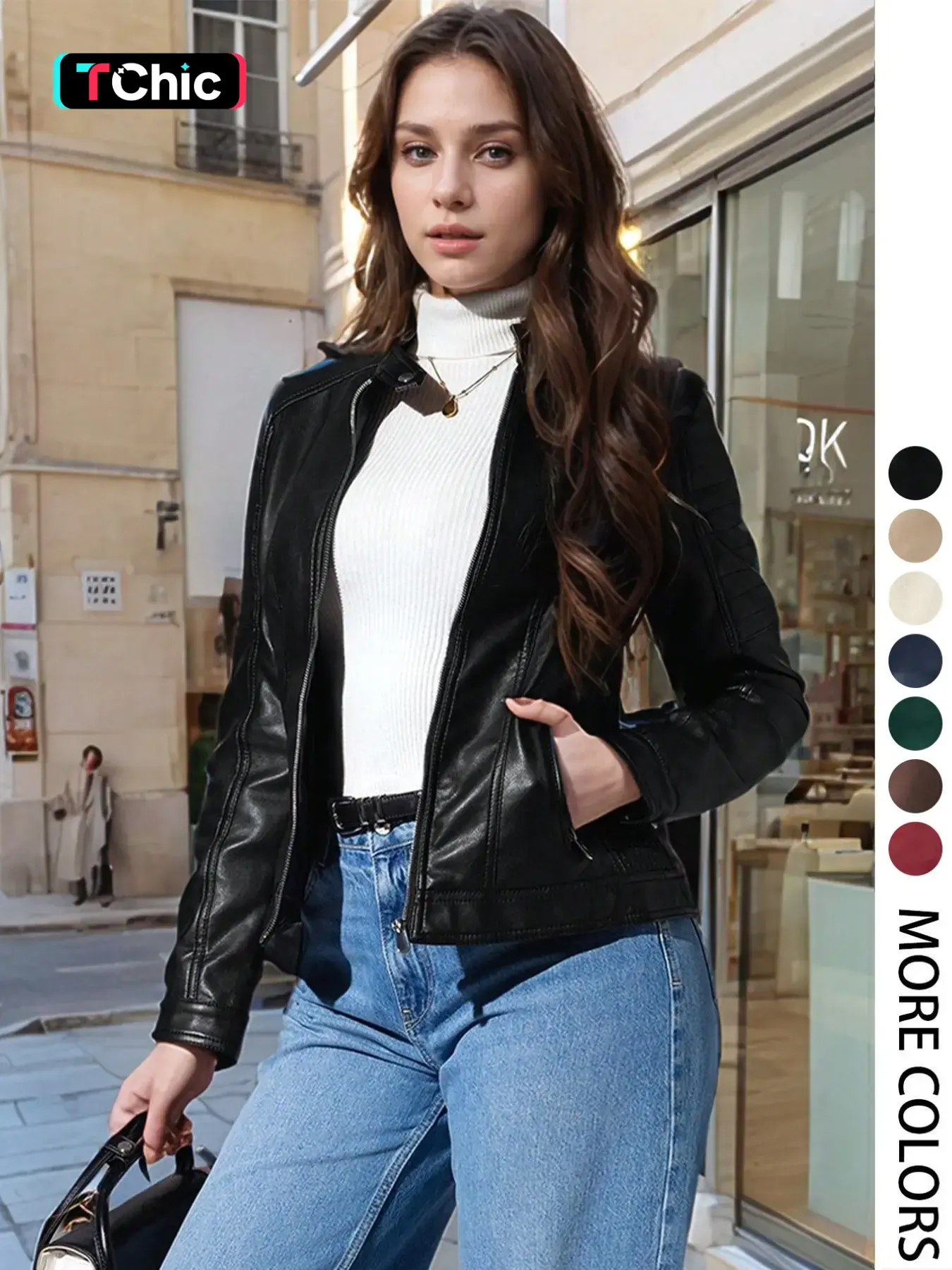 Giolshon Women's Vintage Trendy Pu Leather Jacket Coats for All Seasons, Casual Fitted Long Sleeve Outdoor Commute & Date Wear, Stylish Fashion Style Plaid & Plain Designs, Womenswear