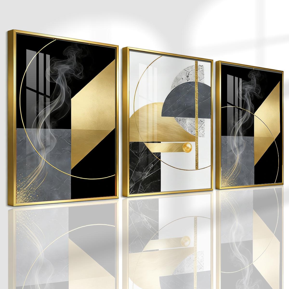 3 Counts Aluminum Alloy Framed Painting, Abstract Geometric Gold And Black Art Pictures, Home Decoration For Living Room, Bedroom, Office, Restaurant, Hallway Wall Decor, Odorless Print Artwork, Luxury Perfect Gift For Friends And Family