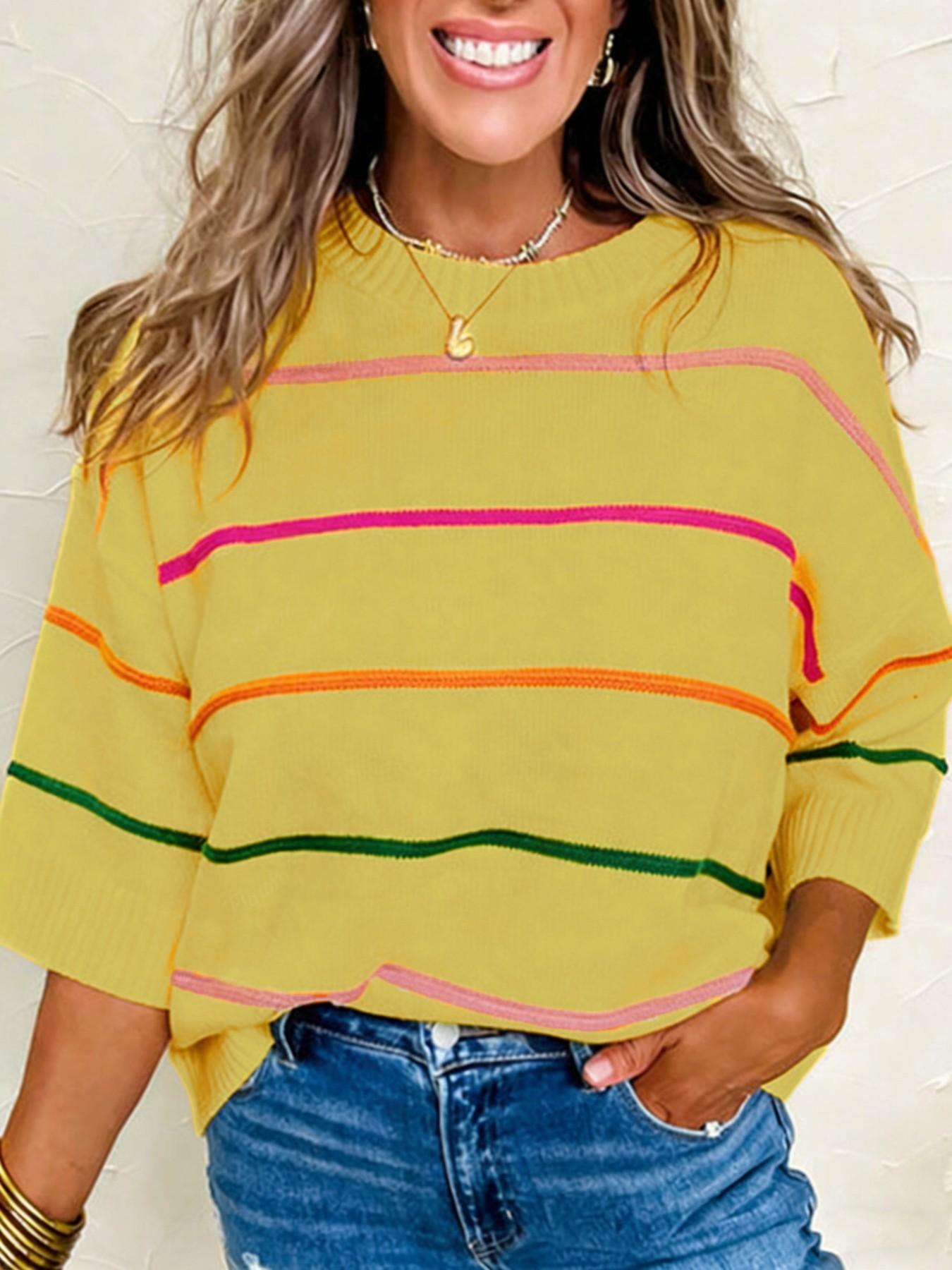 Women's Striped Print Sweater, Casual Short Sleeve Round Neck Jumper for Daily Wear, Ladies Knitwear for Spring & Fall