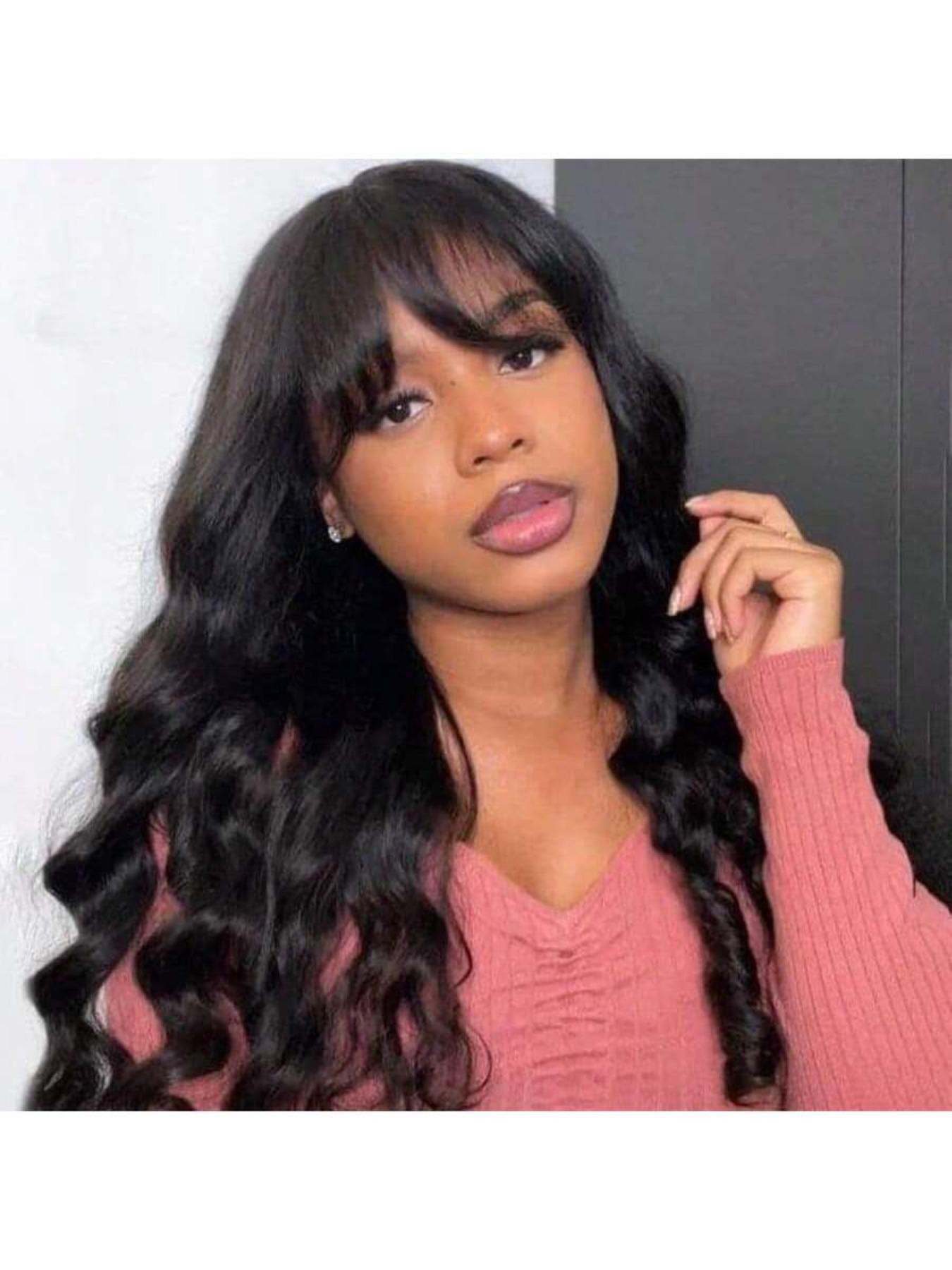 Human Hair Body Wave Wig with Bangs - 180% Density Glueless 