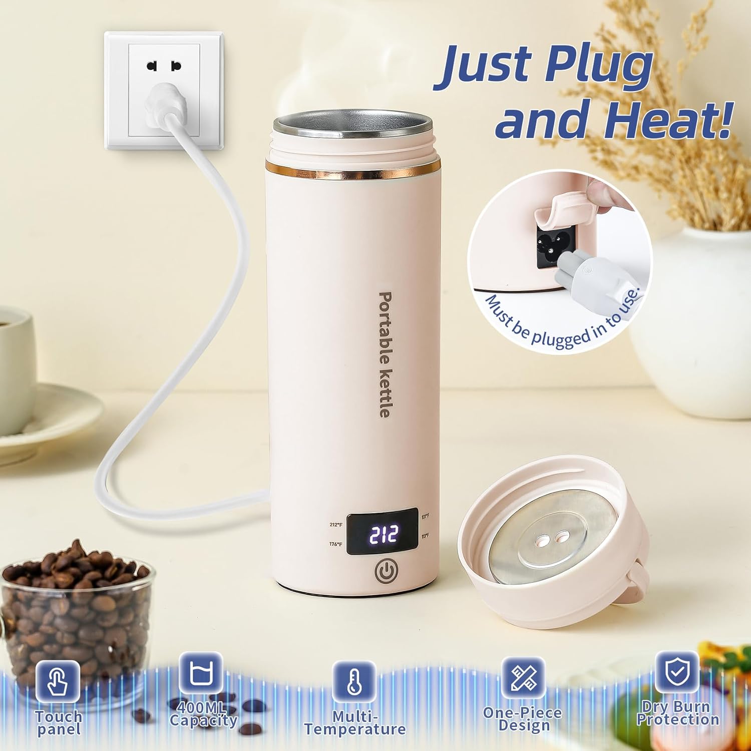 Portable Travel Electric Kettle - 400ml 304 Stainless Steel Mini Compact Hot Water Boiler with LCD Screen, 4 Temperature Settings, Auto Shut-Off, Boil Dry Protection, Temperature Controller, Improved Vent Holes, 1.1 lbs, 13.5oz (Beige) for Family, Hotels,