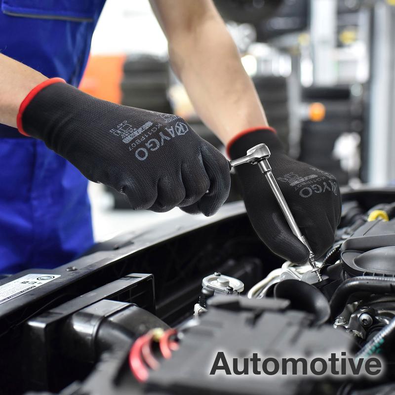 KAYGO Safety Work Gloves PU Coated-12 Pairs, KG11P, Seamless Knit Glove with Polyurethane Coated Smooth Grip on Palm&Fingers, for Men and Women, Ideal for General Duty Work