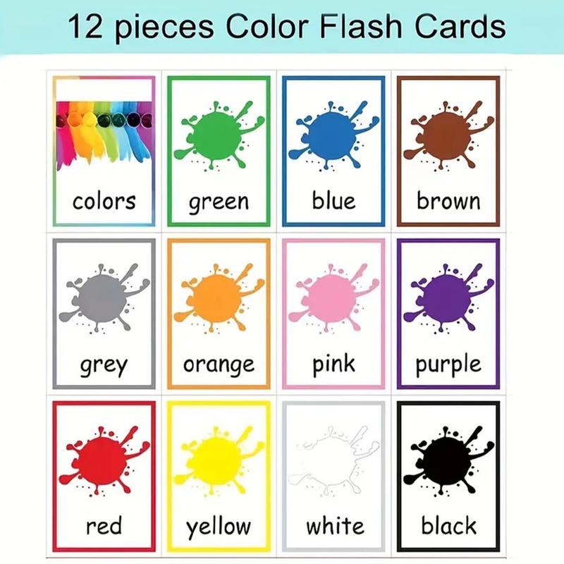 12 Colorful Waterproof Plastic Learning Cards, Early Education Flashcards for Kids, Pre-School Color Recognition & Vocabulary Development