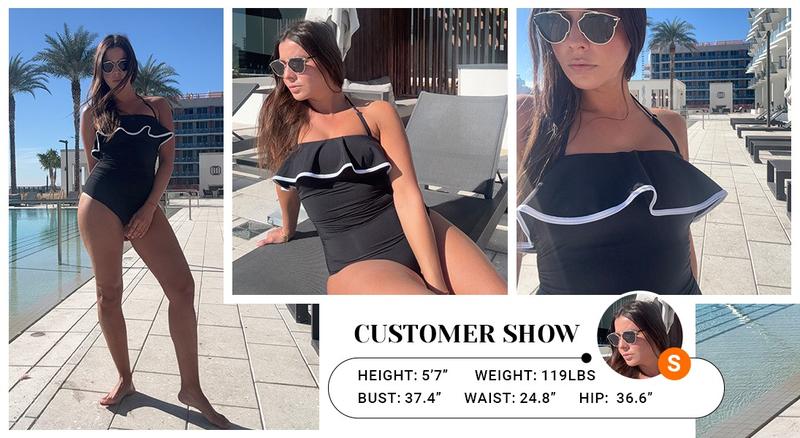 Holipick Black Strapless One Piece Swimsuits for Women Tummy Control Bandeau Bathing Suits Ruffle Slimming Swimwear