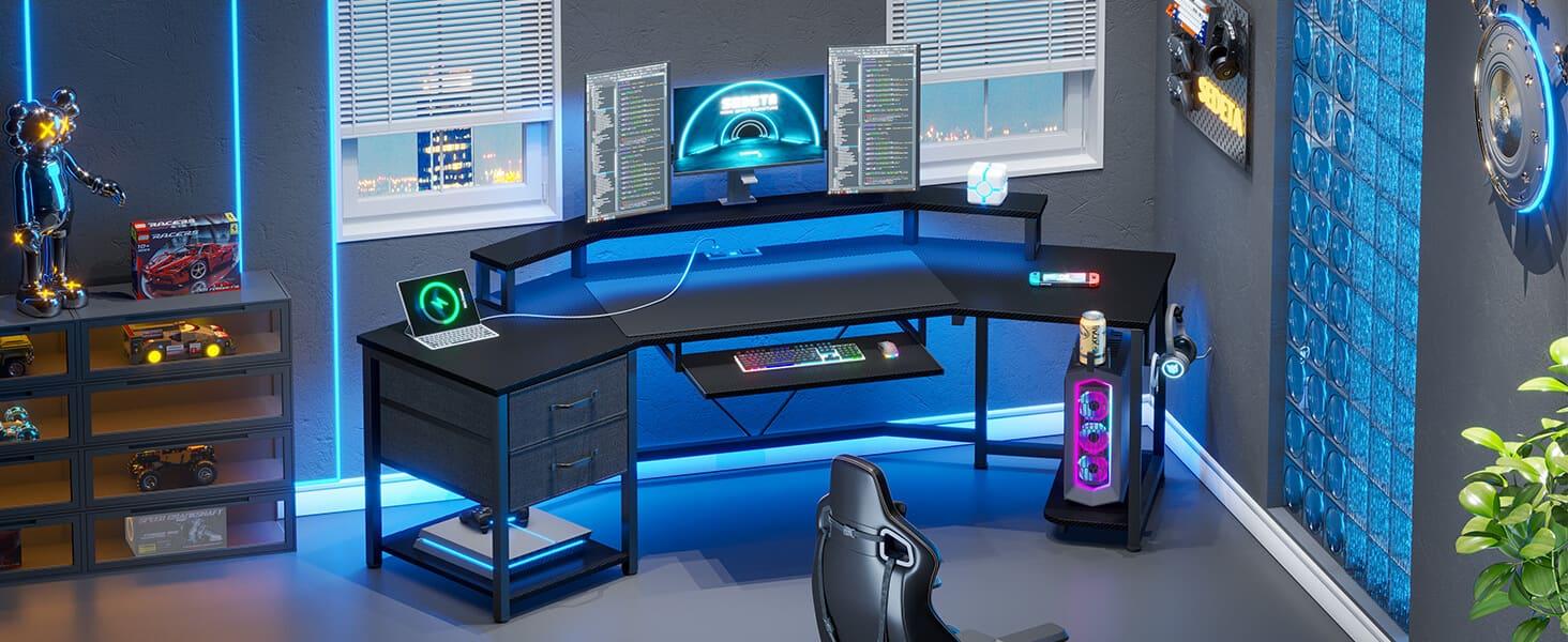 Sikaic 79 Inches Wing Shaped LED Gaming Desk With 2 Fabric Drawers Storage Shelf Stable Tabletop Wood Workstation Monitor Arm Stand Ergonomic Swivel Chair