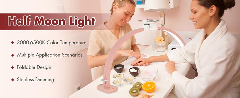 Half Moon Light for Nail Desk with Phone Holder, 28IN Folding Pink Half-moon Light , LED Lamp for Nail Art, Eyelash Extension, Tattooing, Skin Management