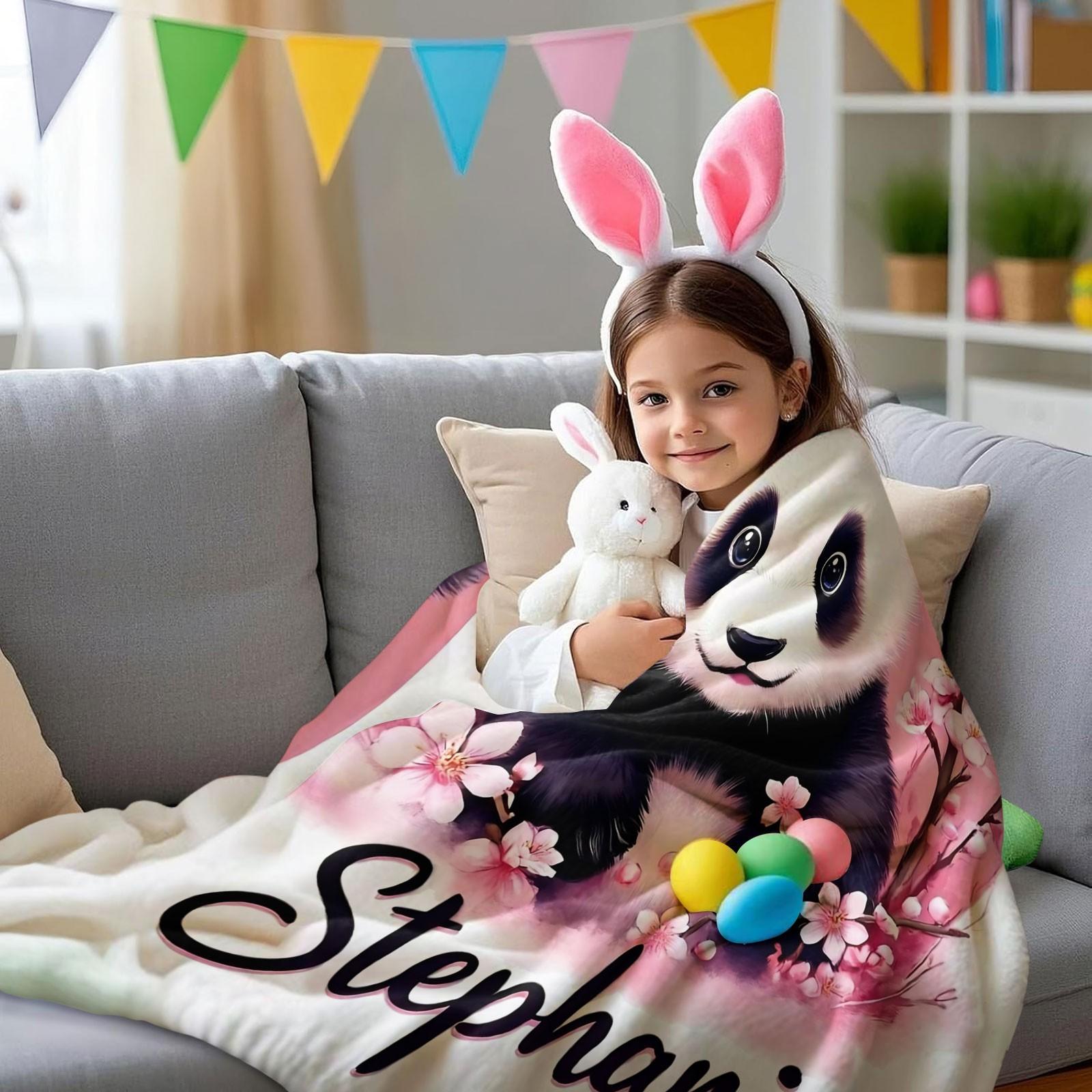 Custom Name Watercolor Panda Cherry Blossom Flannel Blanket, Personalized Floral Animal Print Throw Blanket, Ultra Soft Cozy Warm Blanket, Unique Gift Blanket for Girls, Panda Lovers