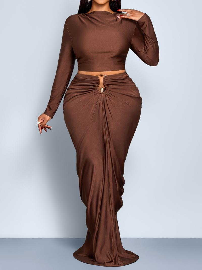 Elegant Women's Two-Piece Set, Fall & Winter High Waist Ruched Skirt, Long Sleeve Round Neck Top, Plain Color, Plus Size Fashion