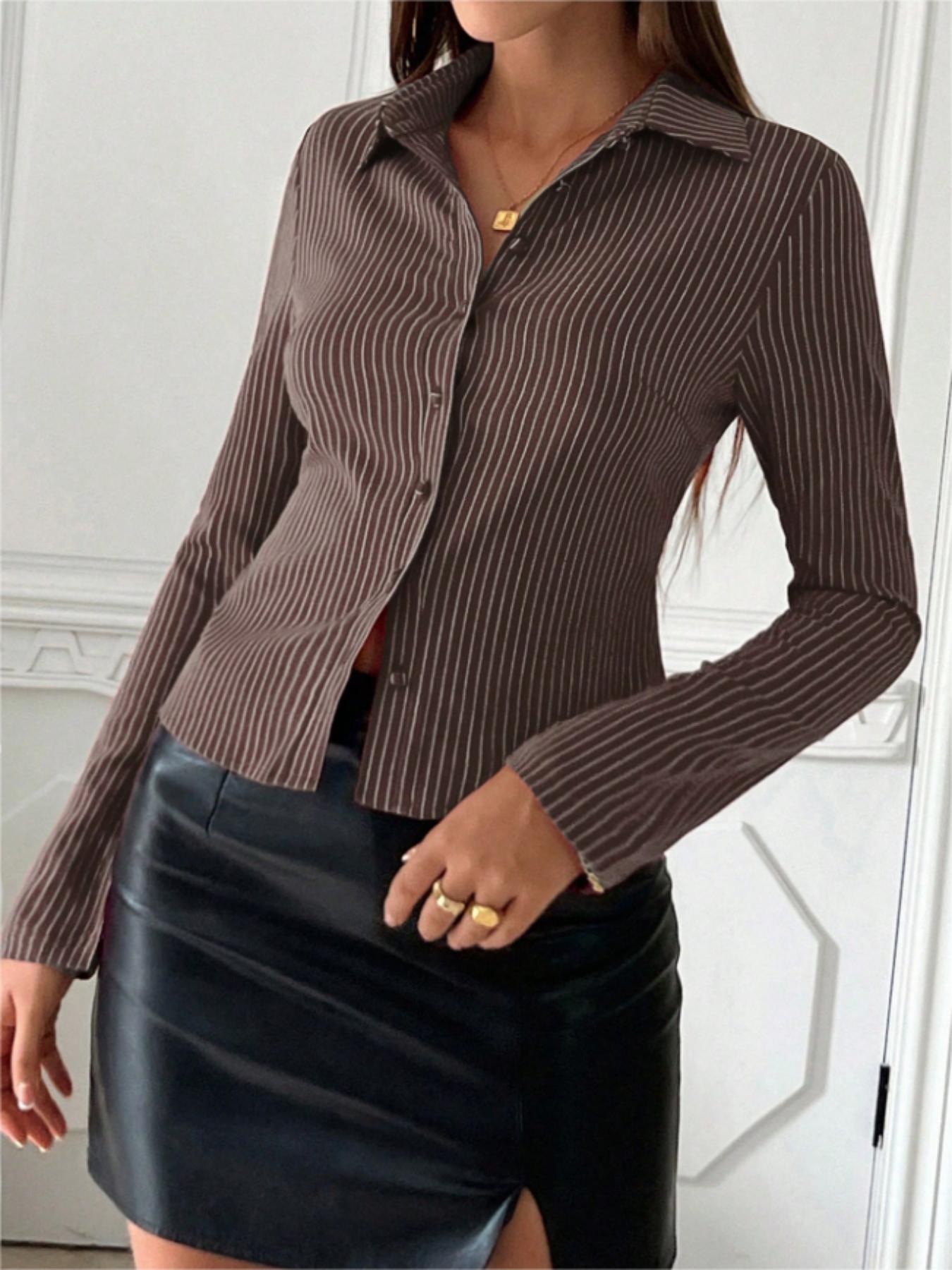 Women's Striped Woven Slim Fit Flounce Sleeve Long Sleeve Shirt Blouse, Casual Fashion Top for Spring & Fall, Ladies' Elegant Clothing