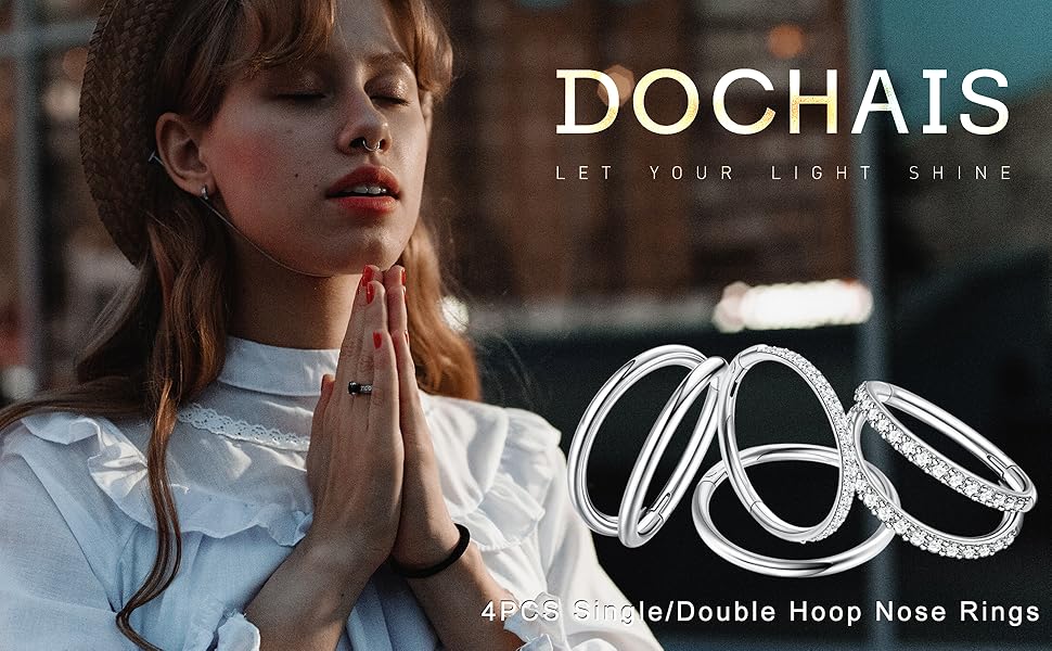 4PCS 18G Nose Rings Hoops, Steel Earrings Tragus Septum Piercing CZ Clicker Ring, Hinged Segment Conch Lip Cartilage Double Hoops 8mm 10mm For Women Men