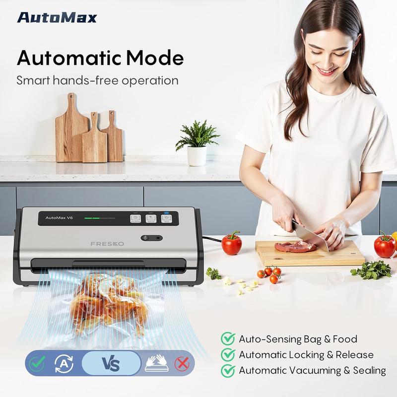 FRESKO AutoMax V6 Automatic Vacuum Sealer Machine, Double Heat Seal Food Saver with Built-in Cutter & Bag Storage, Includes Bags & Rolls