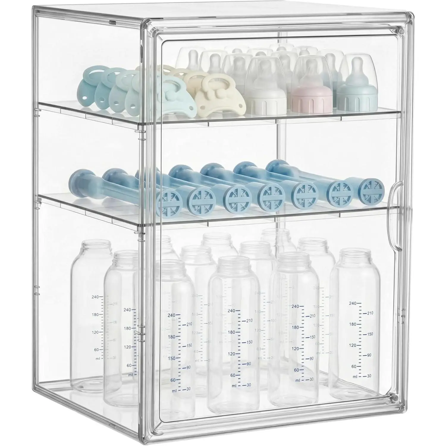 Baby Bottle Storage Organizer for Countertop Cabinet, 3 Tiers Adjustable Clear Acrylic Bottles Storage Station Case Box Container with 2 Removable Dividers and Magnetic Door, X-Large