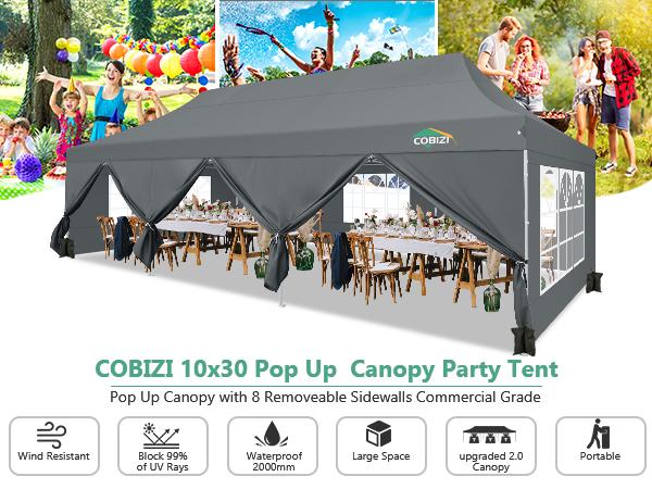 COBIZI 10x30 Pop Up Canopy Tent with 8 Removable Sidewalls Ez Pop Up Party Tent, Waterproof Instant Shelter UPF50+