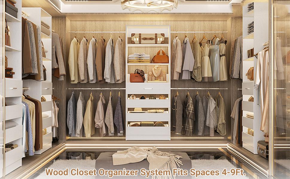 75''-115'' W Adjustable Closet System with 4 Wooden Drawers and 4 Hanging Rods, Modern Sturdy 4-9FT Walk-in Closet Organizer with Strorage Shelve