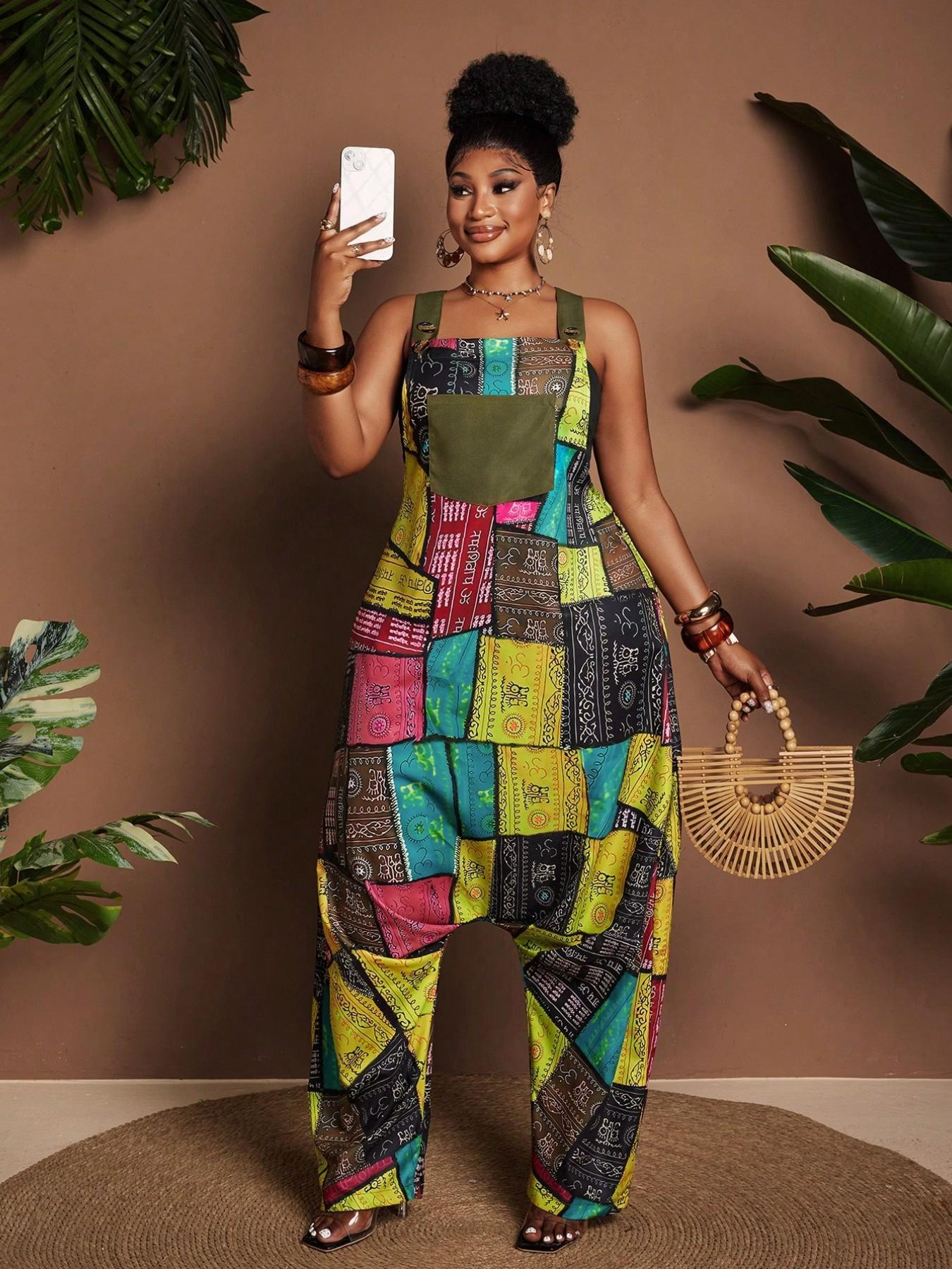 Plus Size Patchwork Print Sleeveless Loose Harem Pocket Jumpsuit, Comfortable and Stylish Design, Perfect for Casual Wear