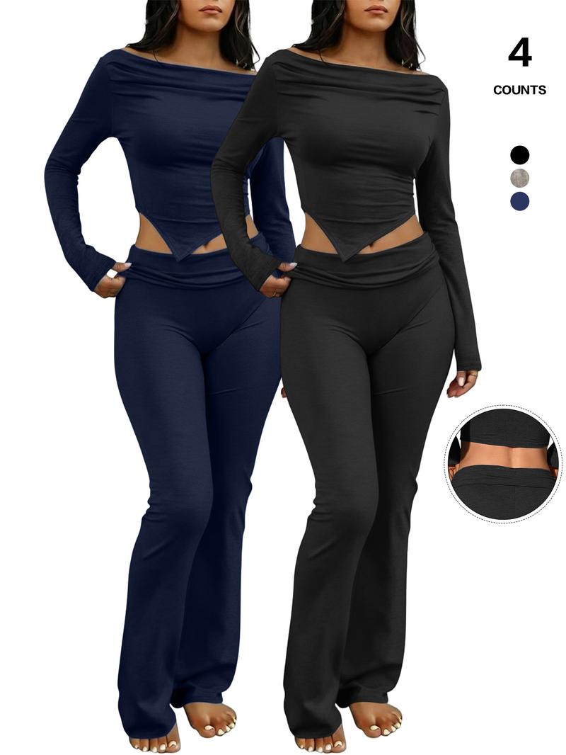 Women's Two-Piece Casual Set, Long-Sleeved Draped Neckline, Off-The-Shoulder Crop Top, Asymmetrical Hem, Flared Trousers, Everyday Wear