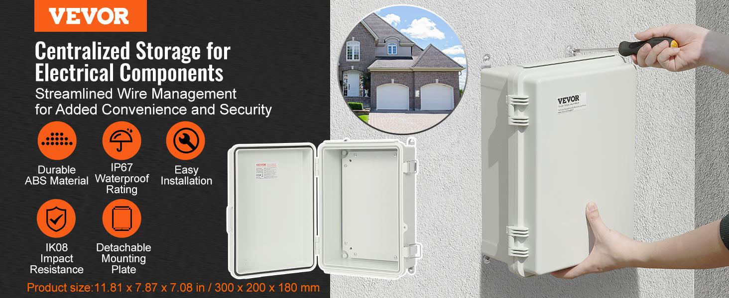 VEVOR Outdoor Electrical Junction Box, 11.81x 7.87x 7.08 in, ABS Plastic Electrical Enclosure Box with Hinged Cover Stainless Steel Latch, IP67 Dustproof Waterproof for Outdoor Electrical Projects