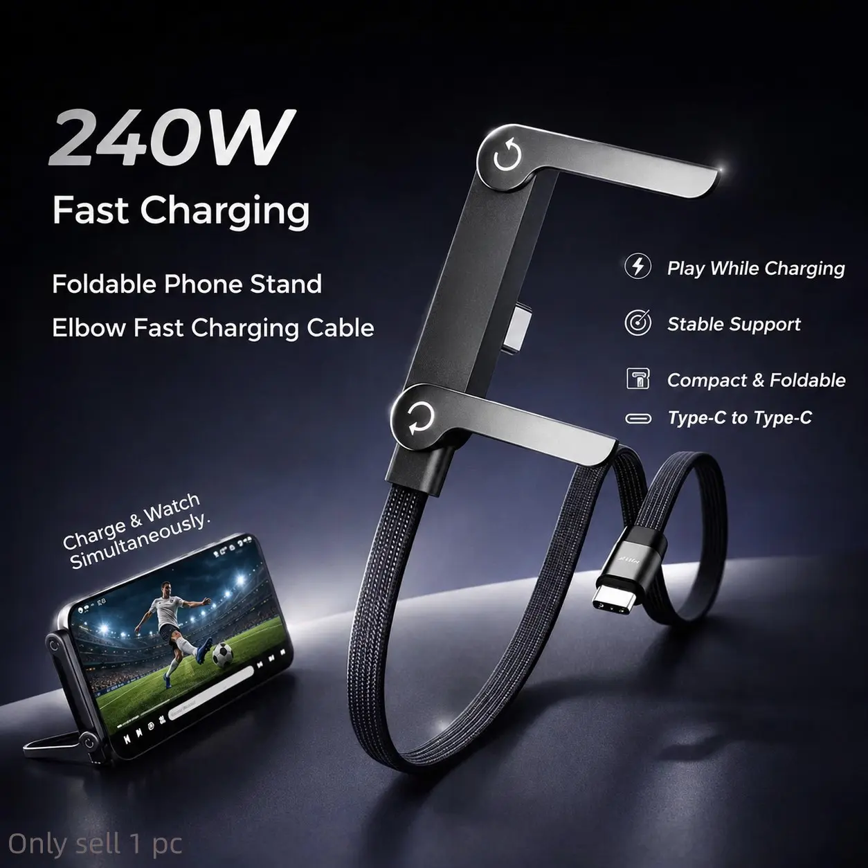 Invisible Phone Stand Charging Cable, 240W High-Speed USB-C Charging Cord with Adjustable Foldable Stand, 2-in-1 Braided Cable for Hands-Free Entertainment, Gaming, Work and Travel