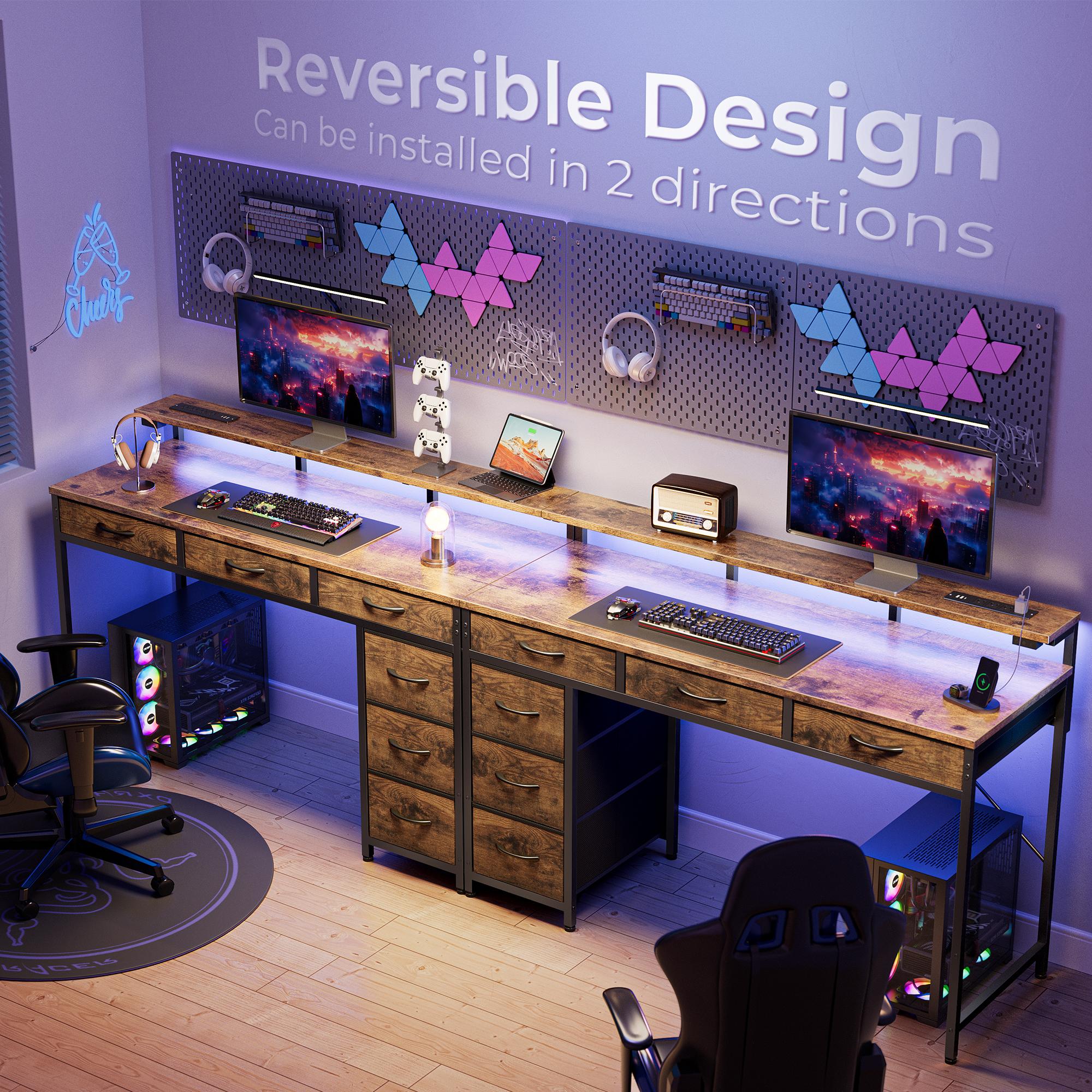 Huuger Computer Desk with Power Outlets and LED Lights, Gaming Desk with 4 Drawers, Office Desk with Monitor Stand, USB-C Port