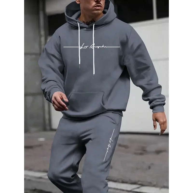 Men's Two Piece Set Letter Print Long Sleeve Hoodie & Drawstring Pocket Jogger Sweatpants, Regular Fit Casual Fall Winter Outfits