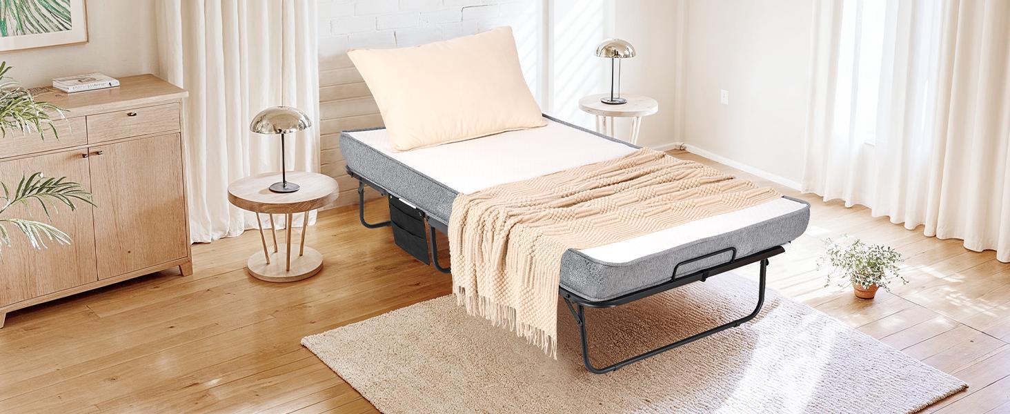 Folding Bed with Mattress, Foldable Portable Bed with 75” x 38" Twin Size Frame, Side Pocket and Transport Wheels Easy Storage for Home Office Visit the BODIOO Store Folding Bed with Mattress, Foldable Portable Bed with 75” x 38" Twin Size Frame, Side Pocket and Transport Wheels Easy Storage for Home Office Visit the BODIOO Store