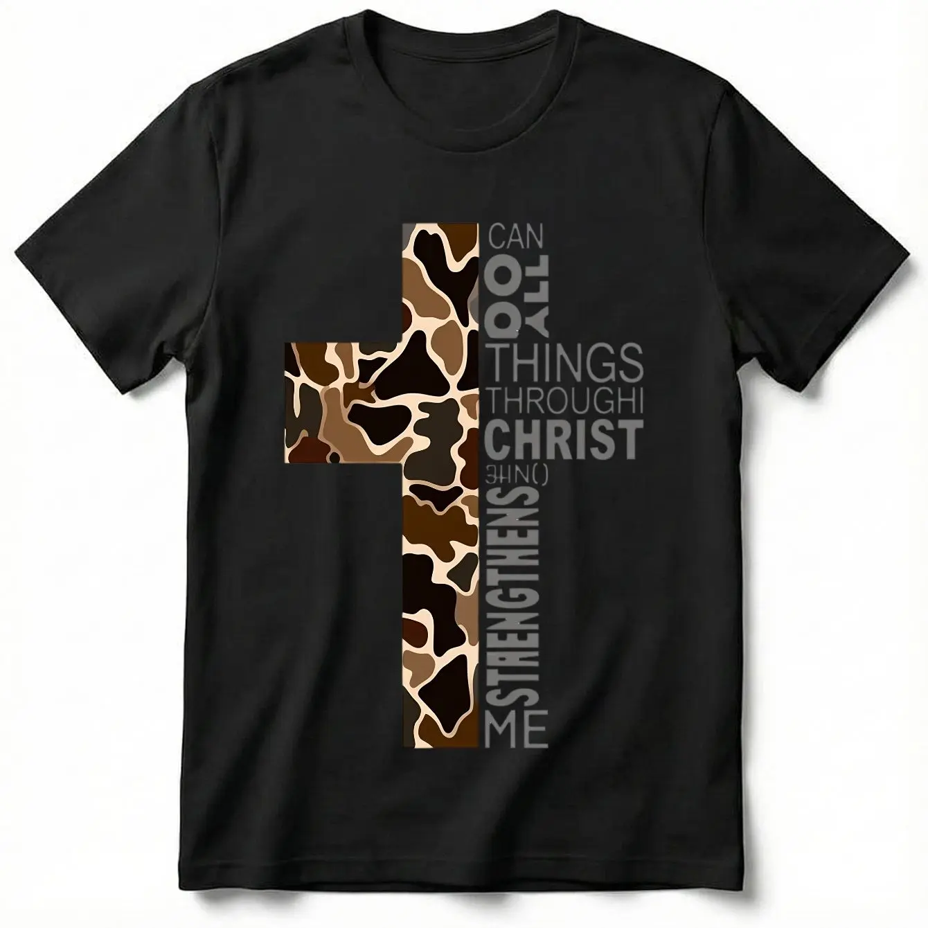 Men's Camo Cross Christian T-Shirt, Breathable 100% Cotton Top with Philippians 4:13 Verse, Casual Short Sleeve Round Neck, Streetwear, Fabric, Menswear, Shortsleeve, Graphic, Tshirt, Soft, Herringbone, Basic