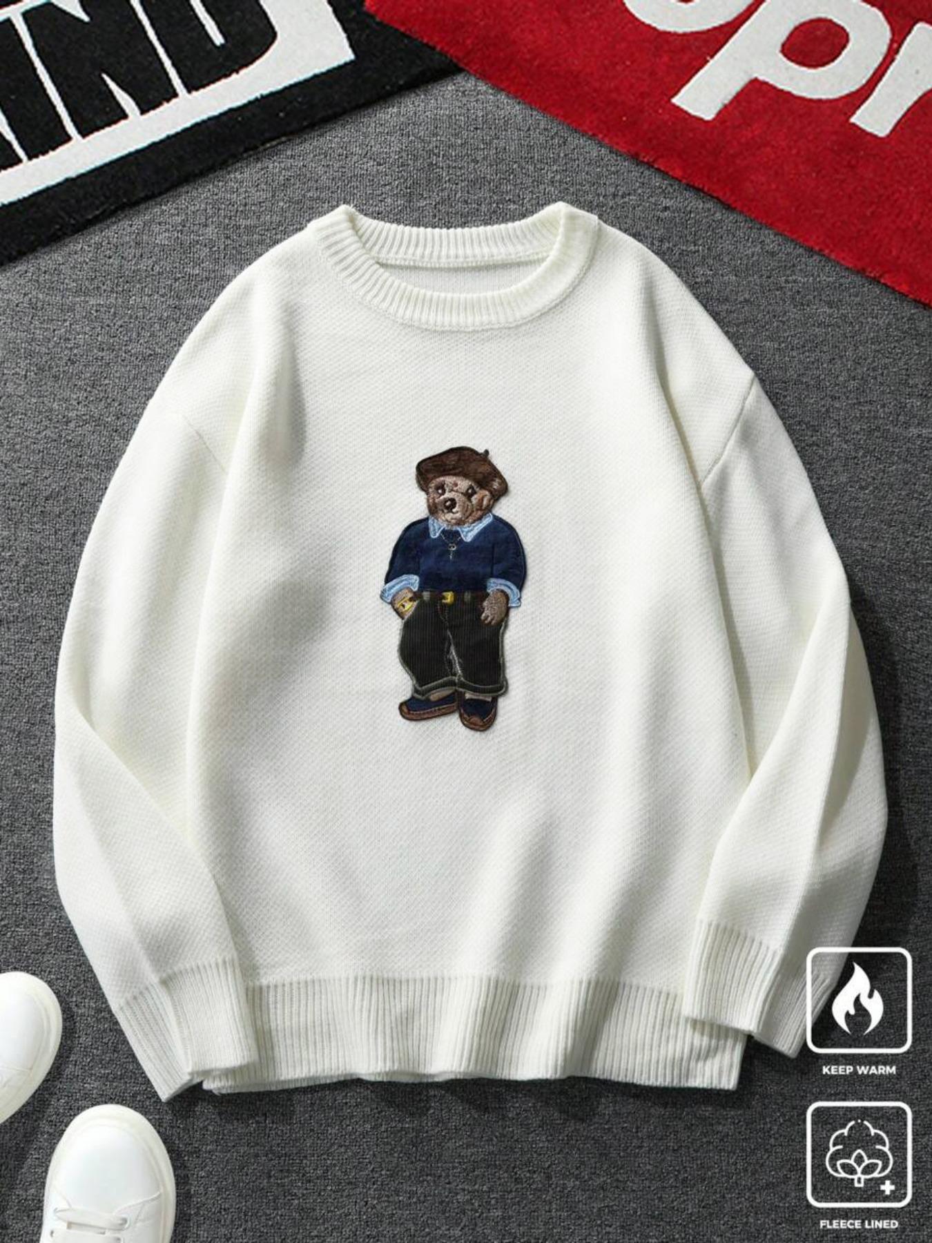 Unisex Cartoon Bear Print Crew Neck Sweater Crewneck, Casual Loose Long Sleeve Jumper For Fall & Winter, Fashion Ladies' Knitwear For Daily Wear