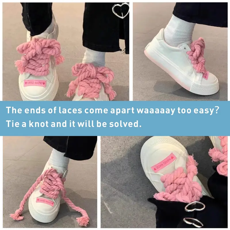 Hand-Woven Hemp-Polyester Rope Shoelaces, 2 Pairs Round Thick Shoe Accessories, 8mm/5mm Thickness, Laces for Sneakers