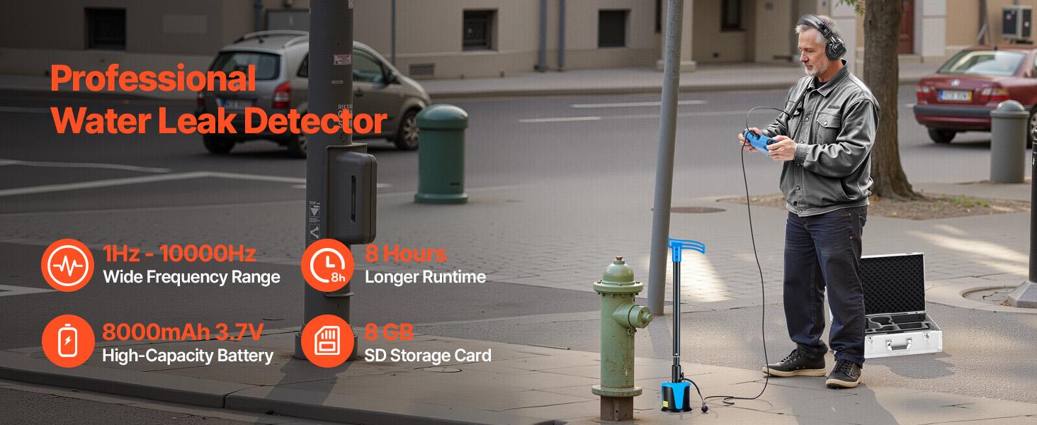 VEVOR Pipe Water Leak Detector for Outdoors, 1Hz-10000Hz, 7 Touchscreen Water Leakage Detection Locator for 16.4FT (5m) Underground Plumbing - with Medium Sensor, 3 Listening Rods, Headphone Case
