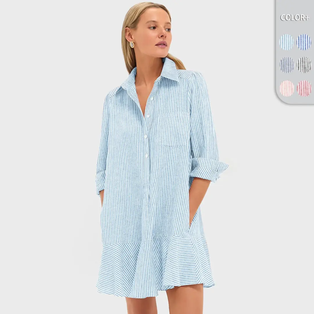 Casual Striped Shirt Skirt Seven-quarter-sleeved Resort Lapel Single-breasted Dress