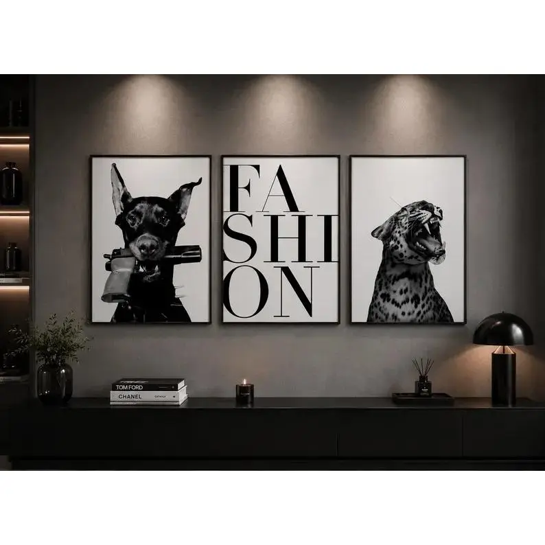 3-Piece Black and White Animal Wall Art Set, Bold Fashion Typography, Fierce Dog and Roaring Leopard Posters for Living Room, Bedroom, Office or Modern Decor
