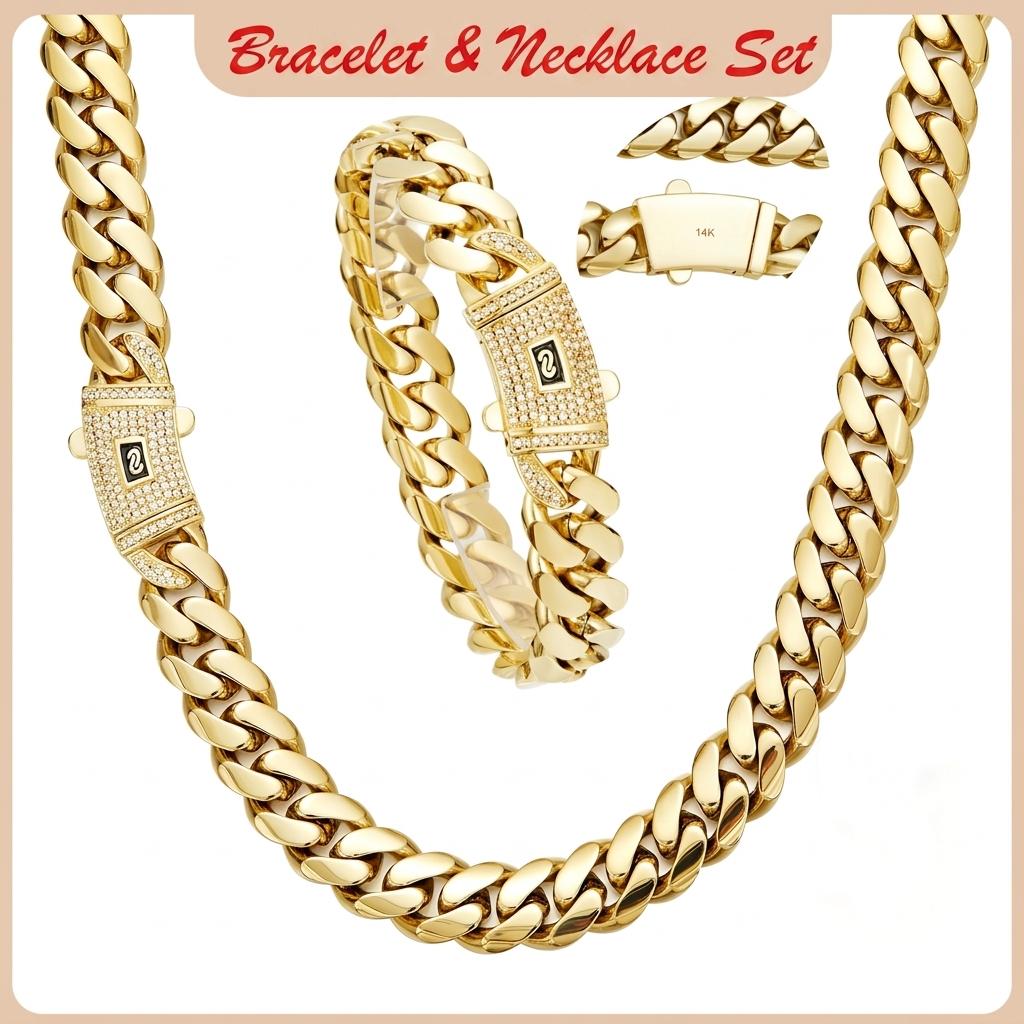 14K Gold-Plated Cuban Link Chain and Bracelet Set - PVD Anti-Tarnish Technology, Hypoallergenic and Water-Resistant Hip Hop Jewelry, Gift with Eternal Shine for Men