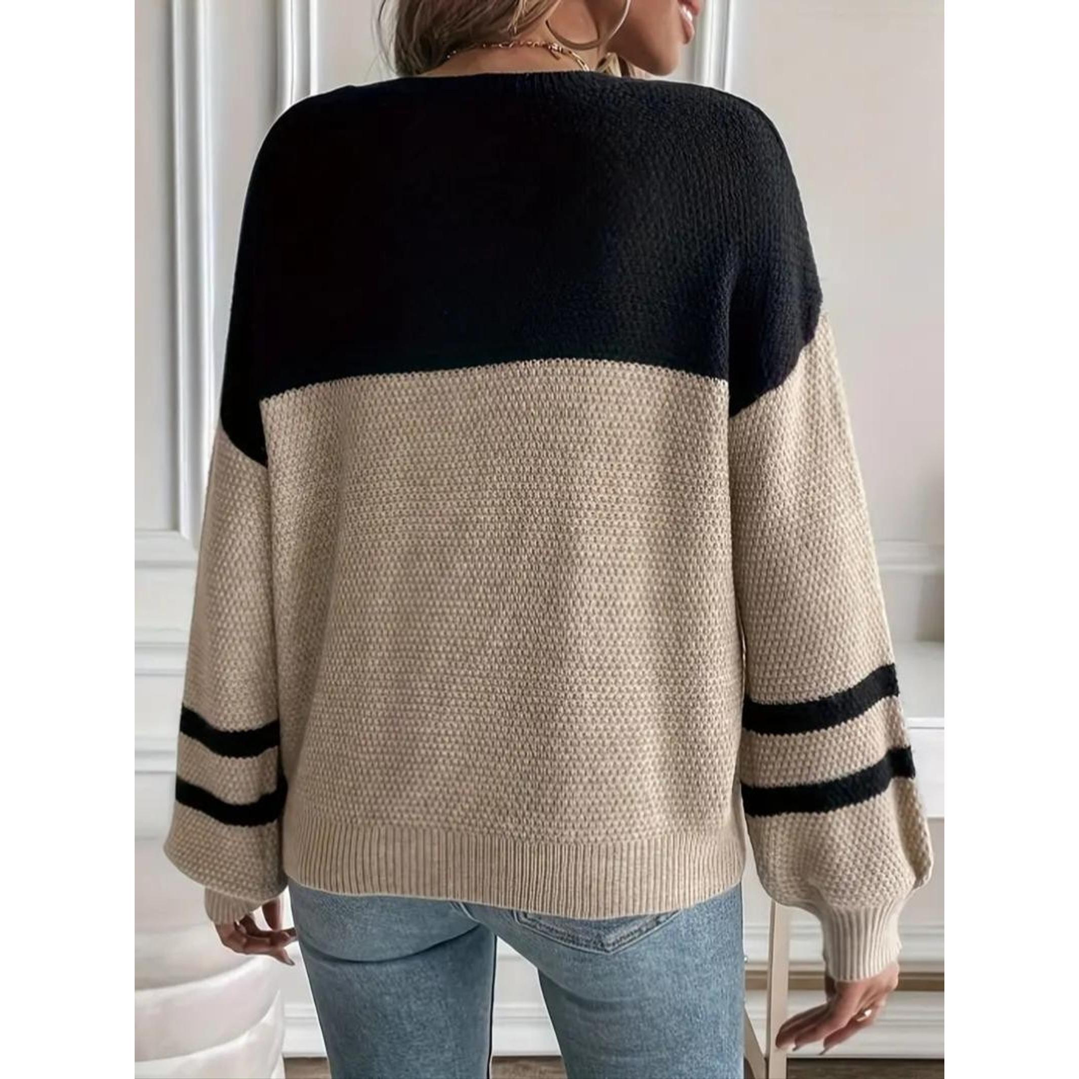 Loose-Fitting Color Block Striped Sweater, Thick Casual Knit for Fall & Winter, Cozy Fashion for Relaxed Days