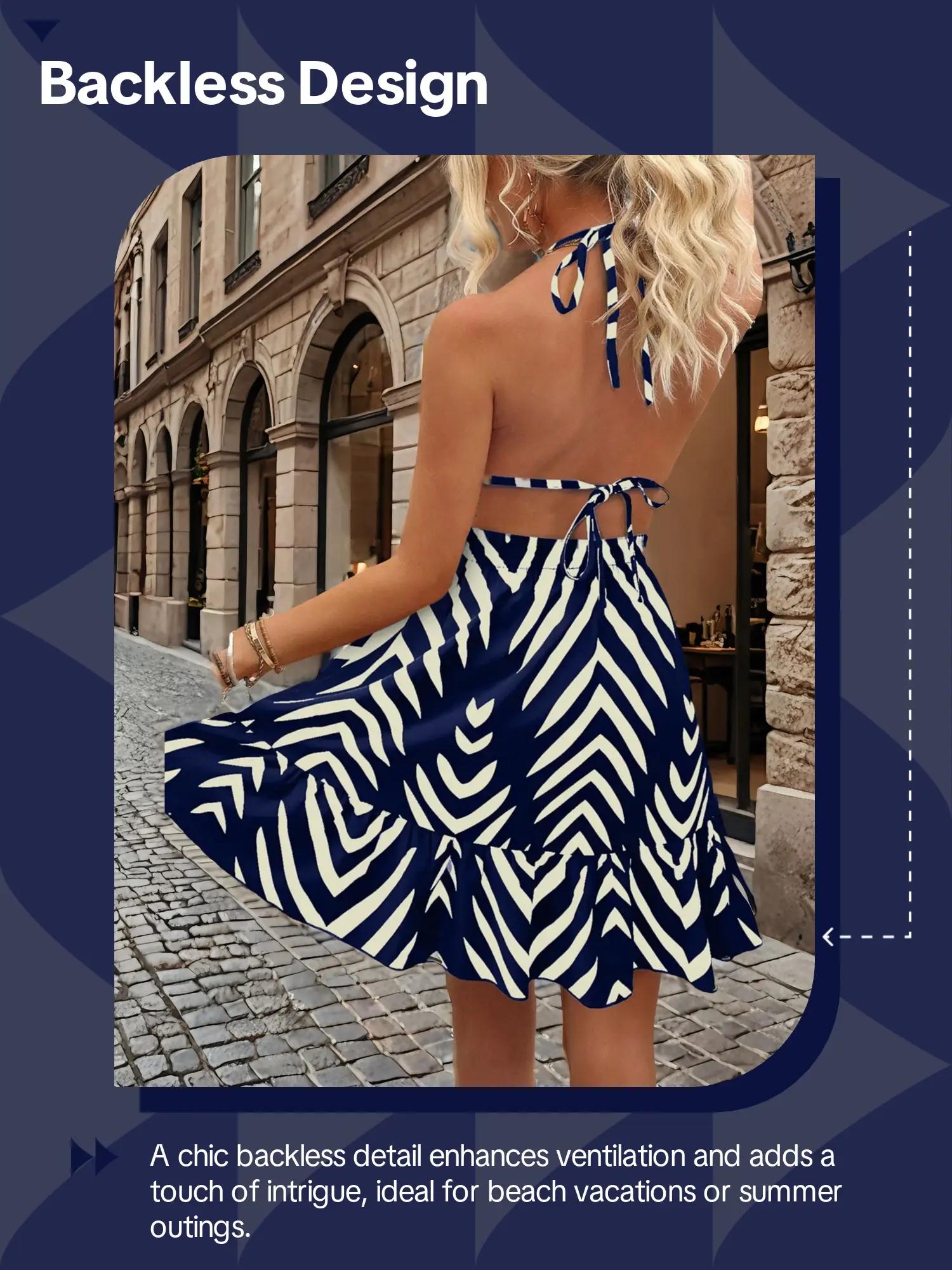 Women's Chevron Print Tie Back Dress, Fashion Casual Halter Neck Sleeveless A Line Dress for Daily Outdoor Wear, Dresses for Women, Women Dress for Summer, Casual Chic Sleeveless Womenswear